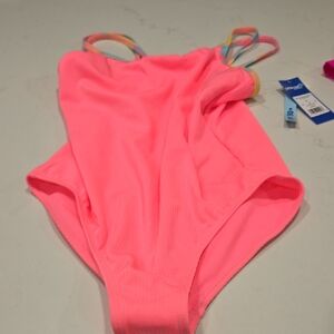 Neon Pink One-Piece Swimsuit with Rainbow Straps